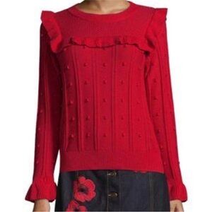 Kate Spade Wool RuffleYoke Textured Vibrant Red Sweater sz XS